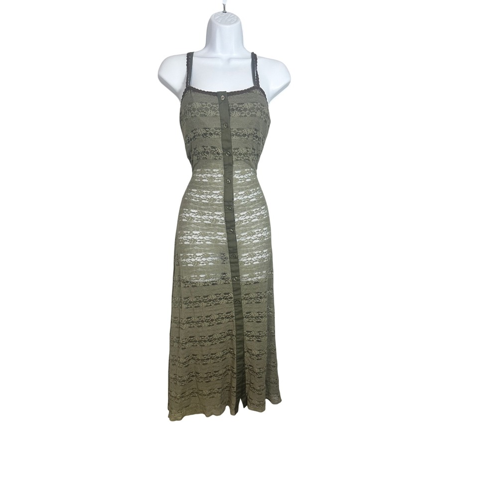 Pinkyotto New York Olive Green Sheer Floral Lace Button Front Midi Dress Small